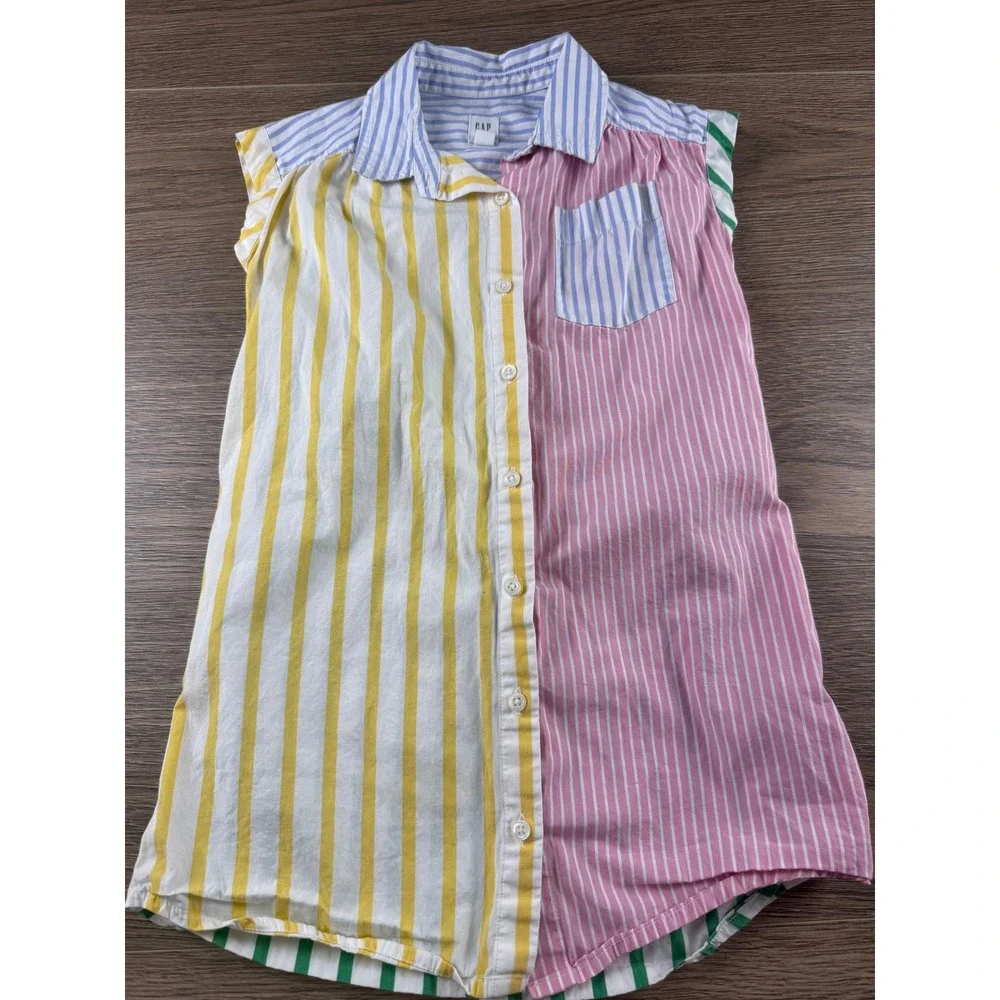 Gap Kids Girls XS Multicolor Striped Sleeveless Button Down Shirt Dress Cotton